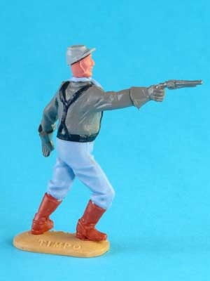 Die Rückansicht eines Timpo-Toys Timpo Toys Südstaatler mit schwarzen Hosenträgern und Pistole